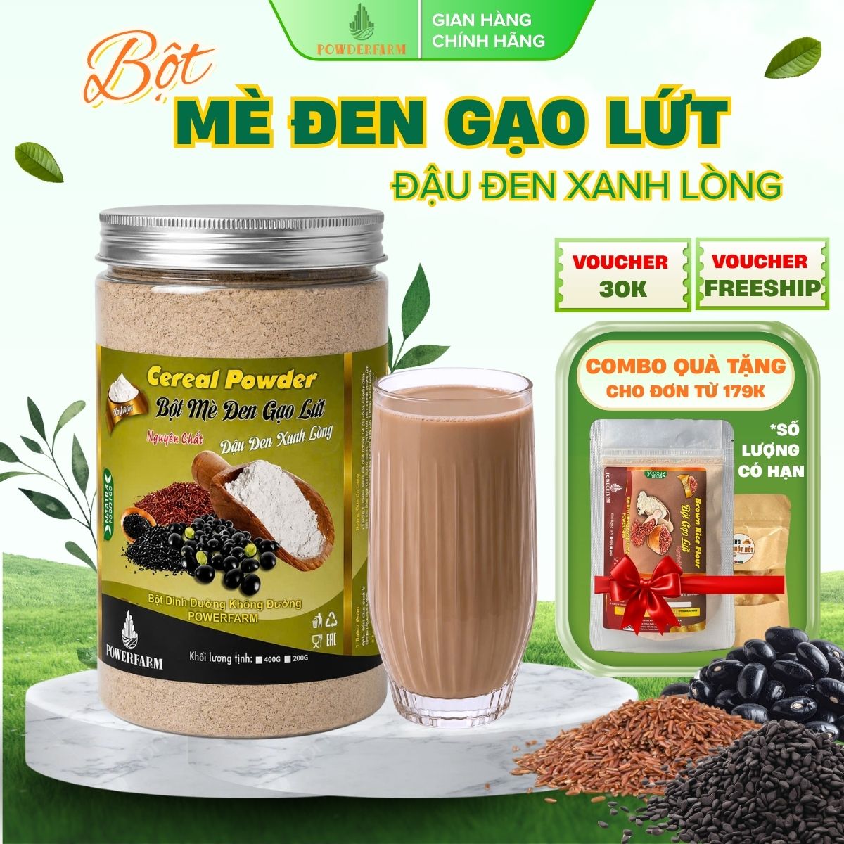 Bột mè đen gạo lứt đậu đen xanh lòng Powderfarm